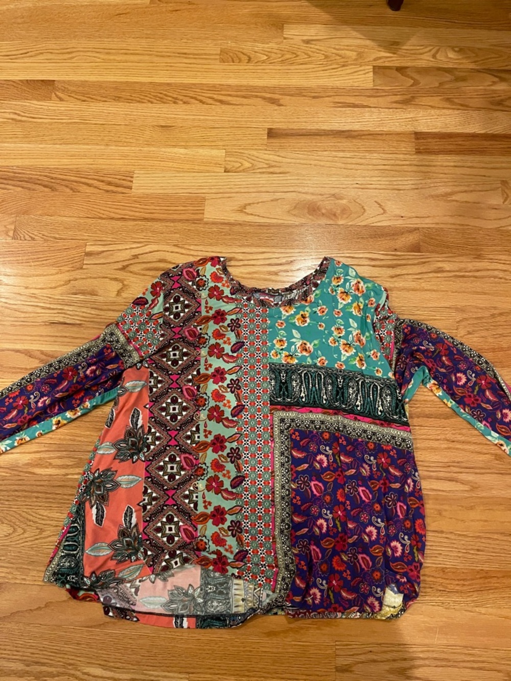 Johnny Was Patchwork Long Sleeve Top in Teal, Purple, Coral
